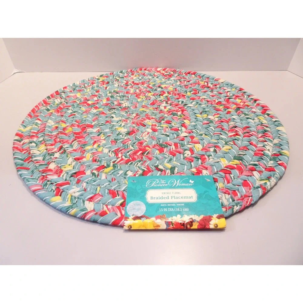 LOT 3 Pioneer Woman Vintage Floral Braided Placemat Round 15 Inch Teal Red